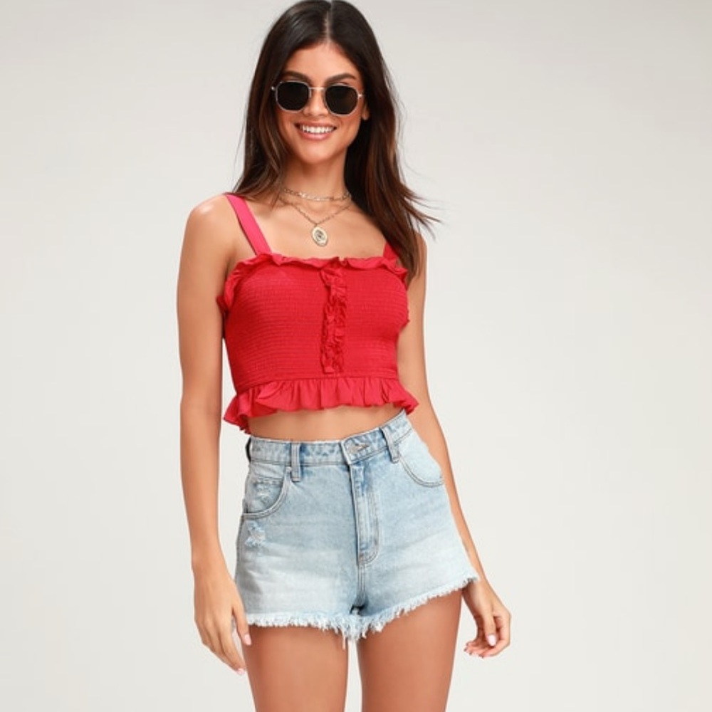 Lulus - Moon Shadow Magenta Ruffled
Smocked Crop Top - Size Small